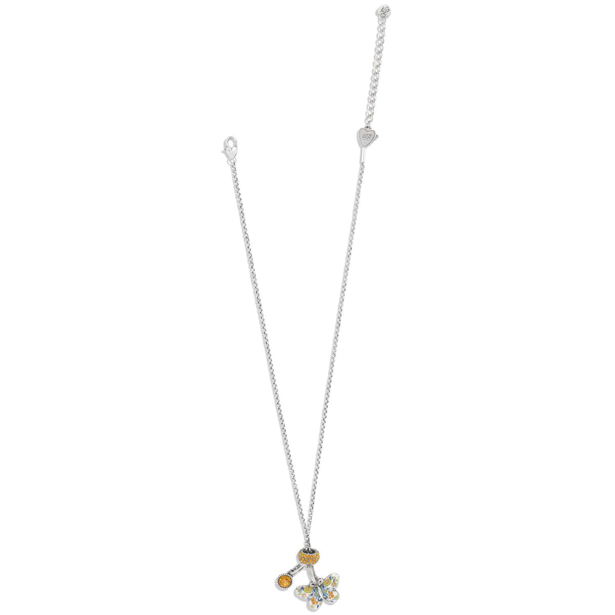 Brighton charm necklace with silver-plated chain, enamel butterfly, and crystal accent charms on a white background