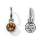 Brighton charm with amber crystal on silver-plated beaded frame, reverse engraved Love Cherish Joy, on a white background