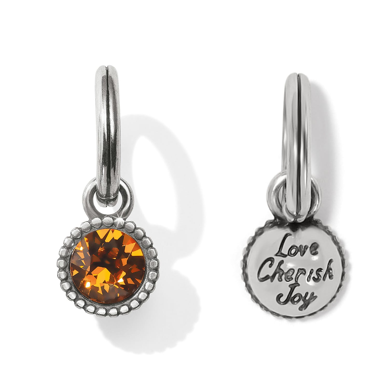 Brighton charm with amber crystal on silver-plated beaded frame, reverse engraved Love Cherish Joy, on a white background
