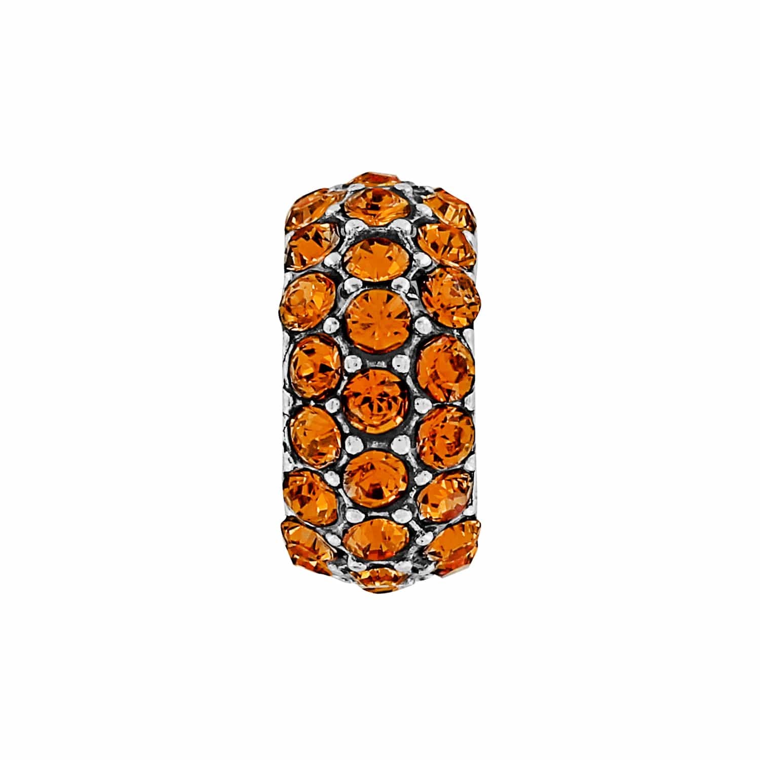 Brighton charm bead with orange pavé crystals set in silver-plated band on a white background