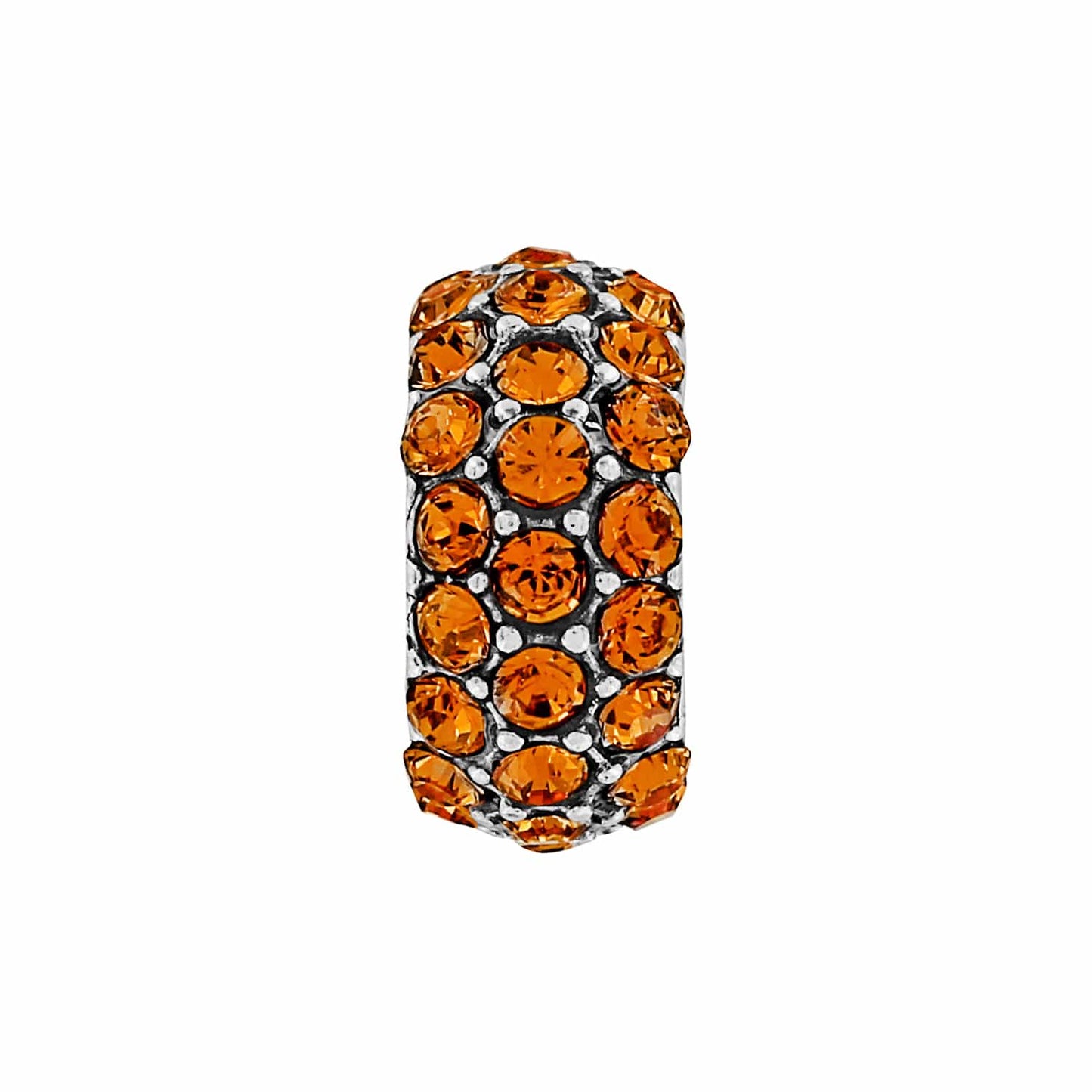 Brighton charm bead with orange pavé crystals set in silver-plated band on a white background