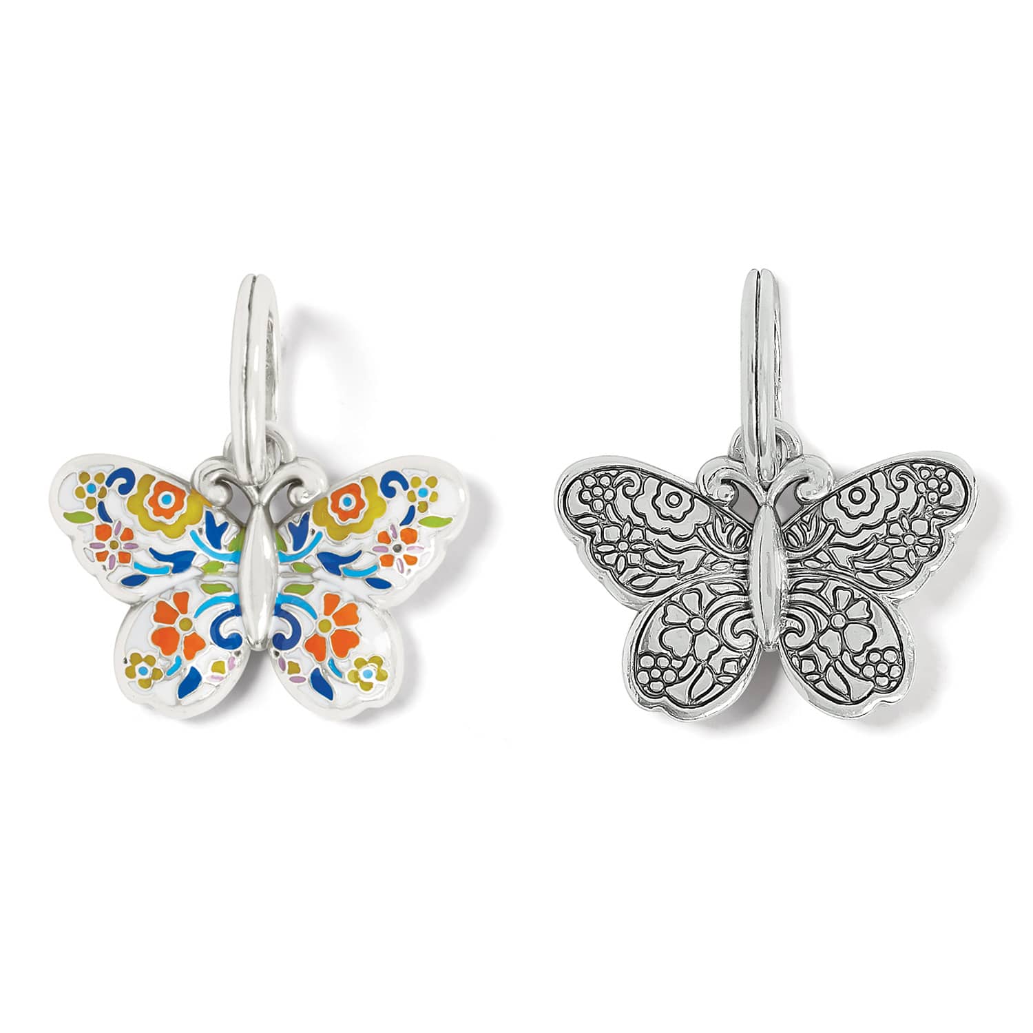 Brighton butterfly charm with colorful floral enamel front and engraved silver-plated floral back view on a white background
