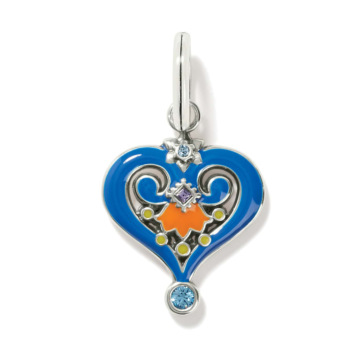 Brighton heart charm with blue and orange enamel, crystal accents, and silver-plated scrollwork on a white background