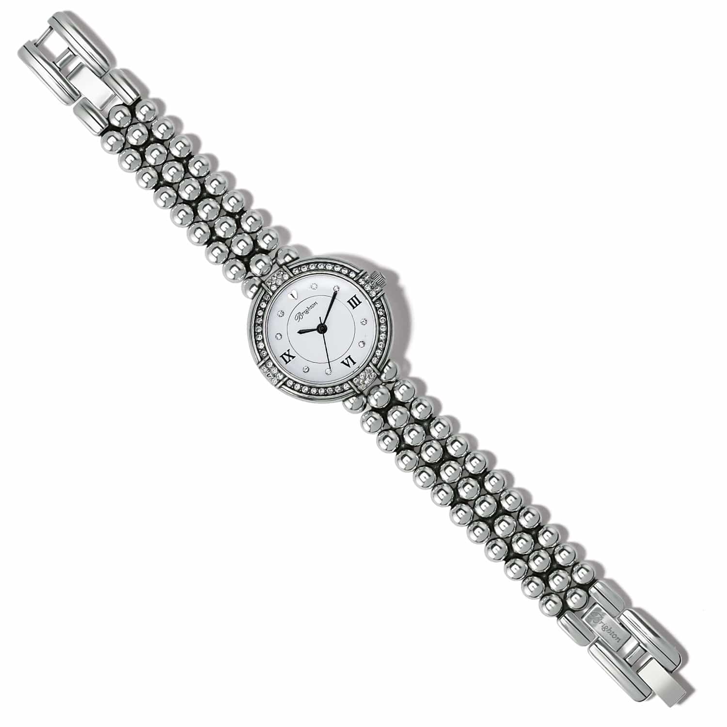 Brighton watch with silver-plated beaded bracelet, crystal-set bezel, and mother-of-pearl dial with Roman numerals on a white background