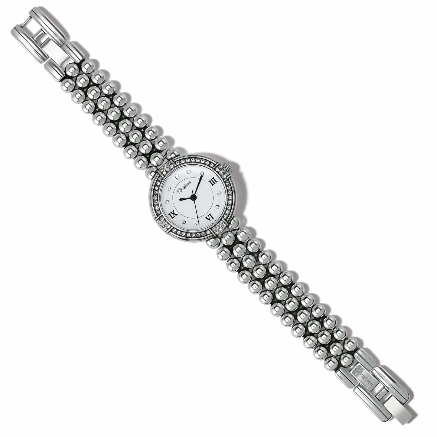 Brighton watch with silver-plated beaded bracelet, crystal-set bezel, and mother-of-pearl dial with Roman numerals on a white background