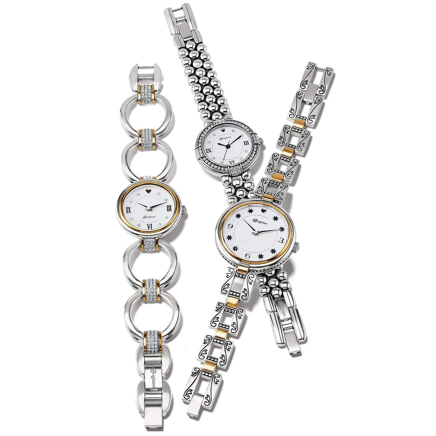Brighton watches with silver-plated bracelets, gold accents, crystal detailing, and white dials with Roman numerals on a white background