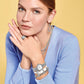 Model wearing a Brighton silver-plated watch with crystal bezel and coordinating Brighton accessories including heart ring and necklace