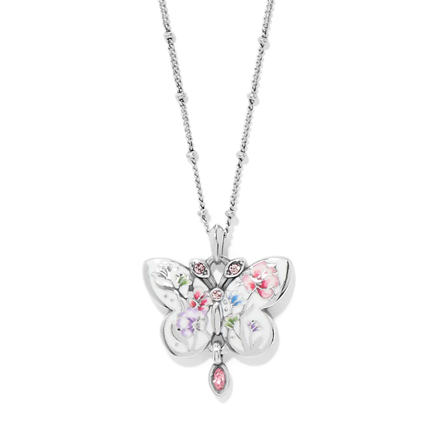 Butterfly pendant necklace with colorful gemstones on a white background