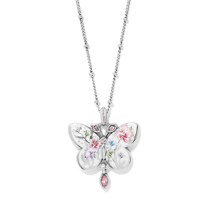 Butterfly pendant necklace with colorful gemstones on a white background