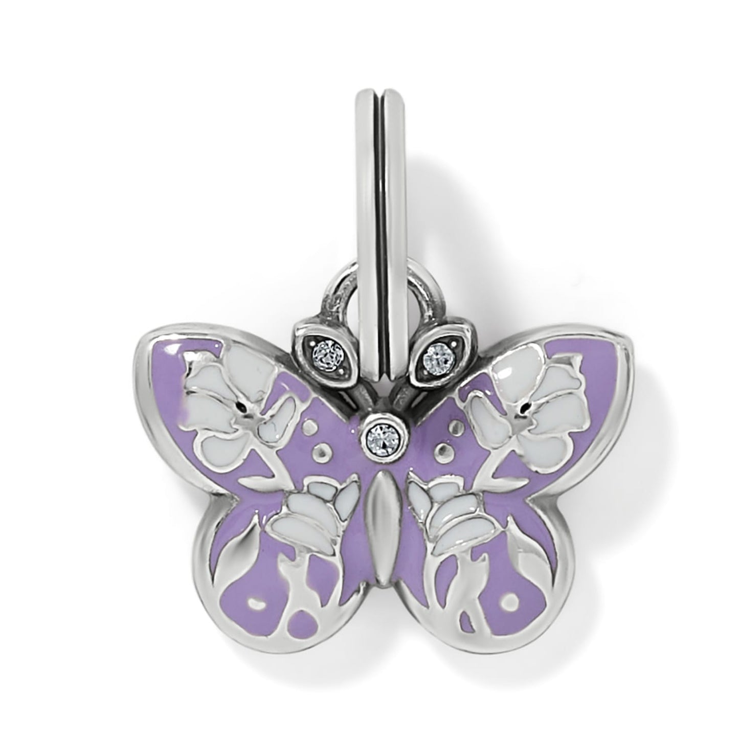 Brighton butterfly charm with purple and white enamel floral wings and crystal accents, silver-plated, on a white background