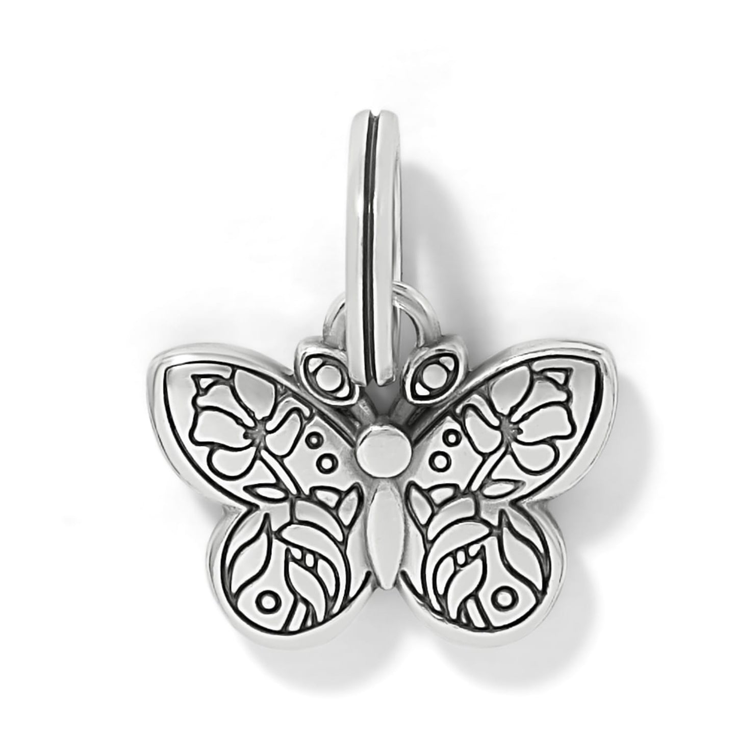 Brighton butterfly charm with silver-plated finish and engraved floral wing details on a white background