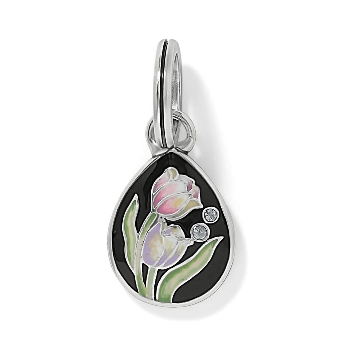 Brighton teardrop charm with silver-plated finish, black enamel, tulip design, and crystal accents on a white background