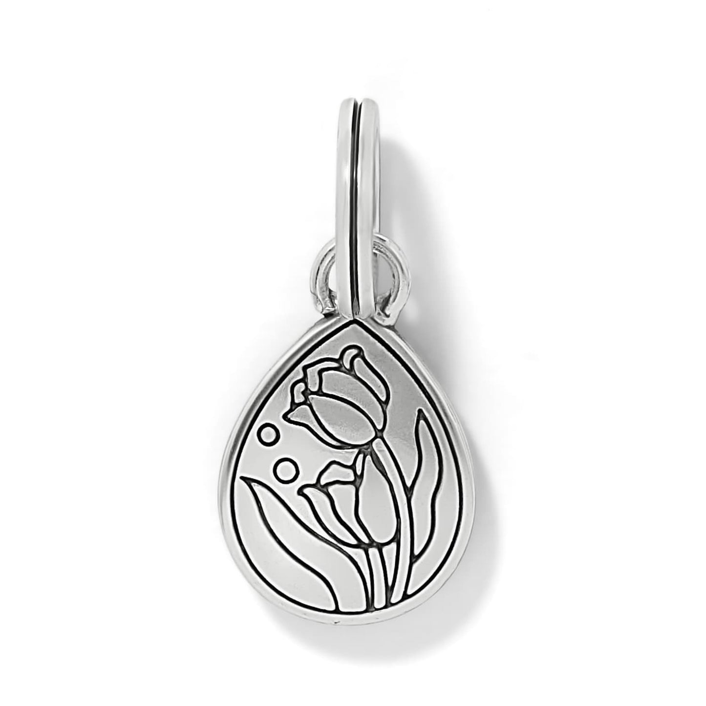 Brighton teardrop charm with engraved tulip design and silver-plated finish on a white background
