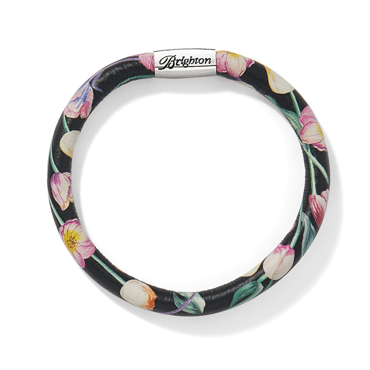 Brighton leather bracelet with floral tulip print and silver-plated magnetic clasp on a white background