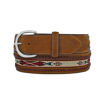 Brighton leather belt with woven Aztec-pattern inlay, braided edges, and silver-tone buckle on a white background