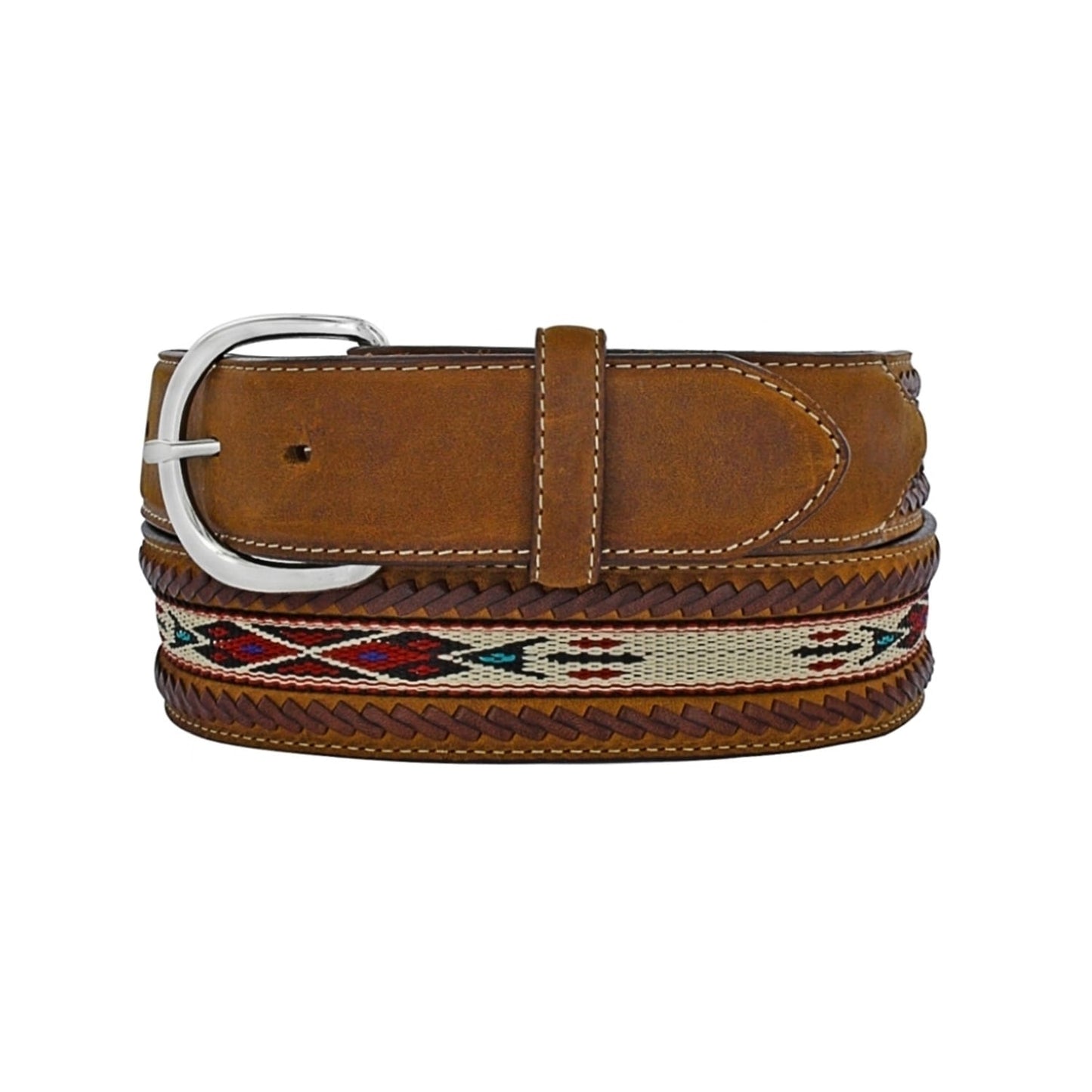 Brighton leather belt with woven Aztec-pattern inlay, braided edges, and silver-tone buckle on a white background