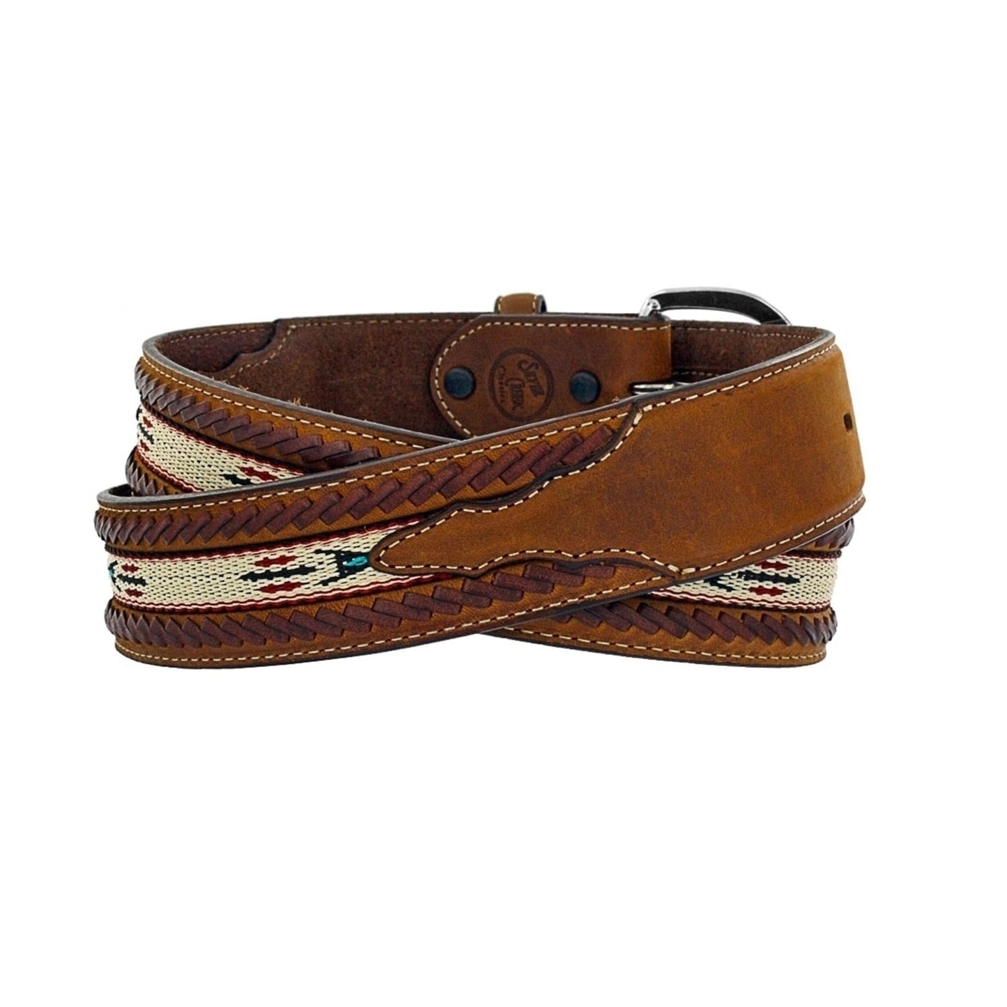 Brighton leather belt with braided trim, woven Southwestern fabric inlay, and silver-tone buckle on a white background