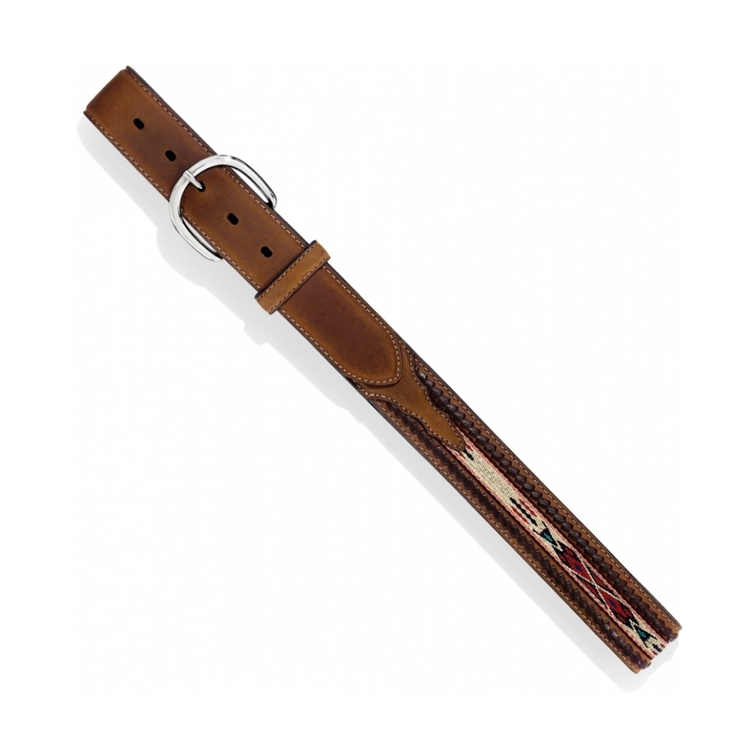 Brighton leather belt with tooled edges, woven southwestern inlay, and silver-tone double D-ring buckle on a white background
