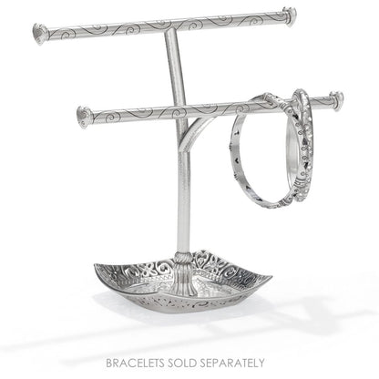 Brighton silver-plated two-tier bracelet stand with scroll-engraved bars, decorative tray base, and one bangle on a white background