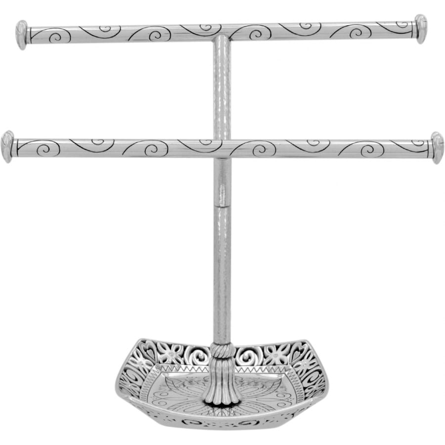 Brighton silver-plated jewelry stand with two scrolled bars and ornate filigree tray base on a white background