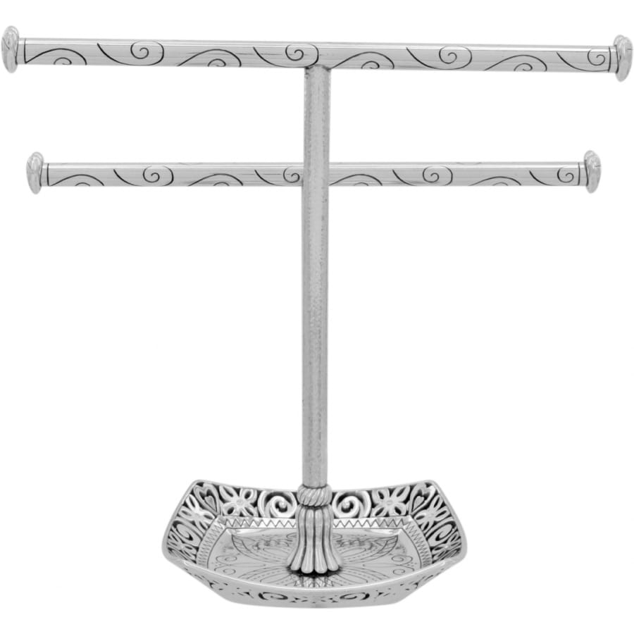 Brighton silver-plated two-tier jewelry stand with scrollwork bars and ornate filigree base on a white background