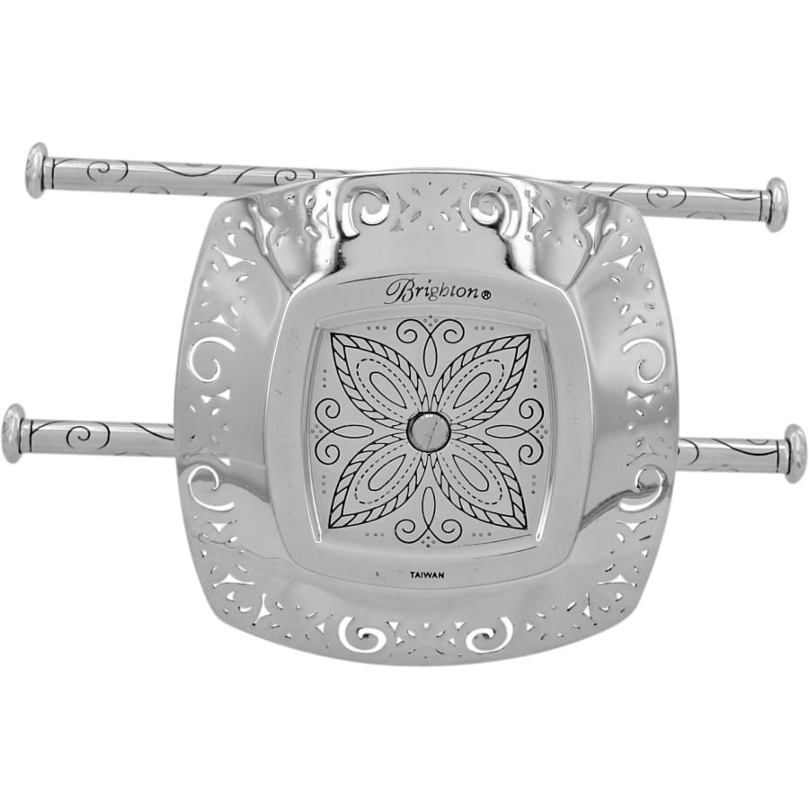 Brighton silver-plated hair barrette with ornate floral engraving, scroll cutouts, and decorative stick pins on a white background
