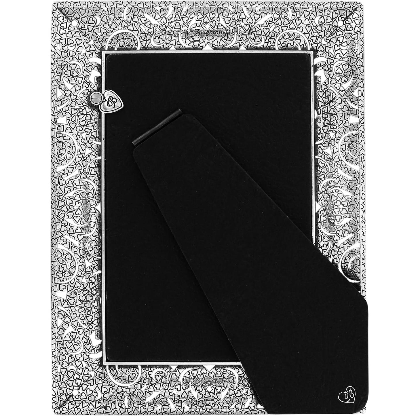Brighton picture frame shown from the back with silver-plated heart-patterned border and black velvet easel stand on a white background