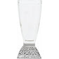 Brighton glass vase with silver-plated ornate scrollwork base featuring heart and swirl cutout details on a white background
