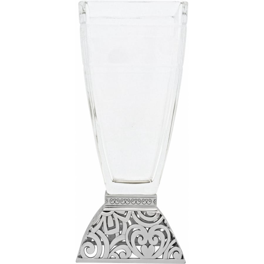 Brighton glass vase with silver-plated ornate scrollwork base featuring heart and swirl cutout details on a white background