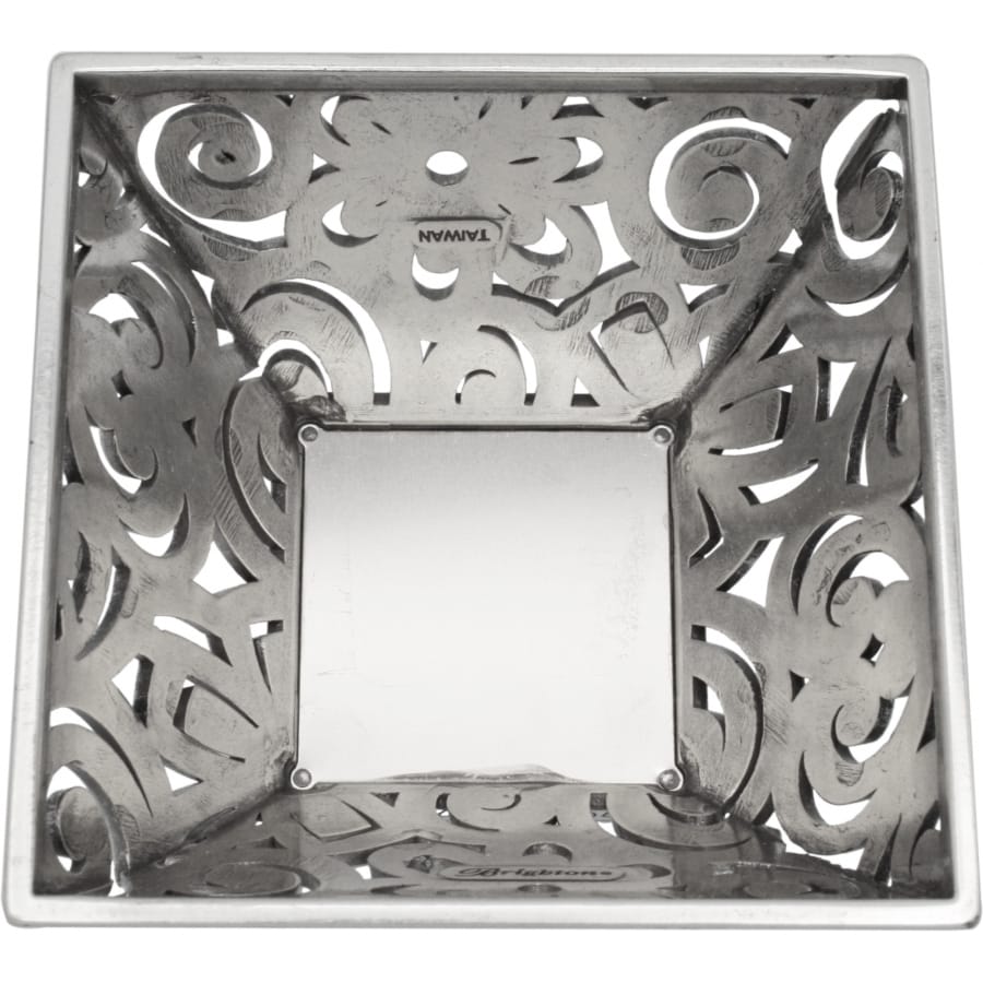 Brighton square dish with silver-plated openwork scroll design border and polished center panel on a white background