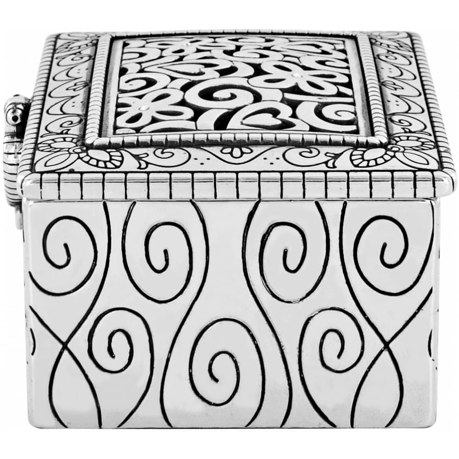 Brighton silver-plated decorative box with ornate scrollwork sides and floral filigree lid on a white background
