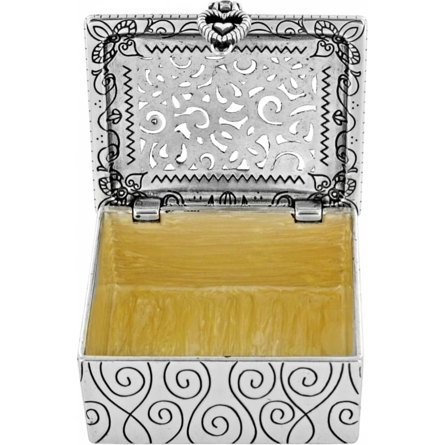 Brighton silver-plated trinket box shown open with scrollwork exterior and ornate cutout lid design on a white background