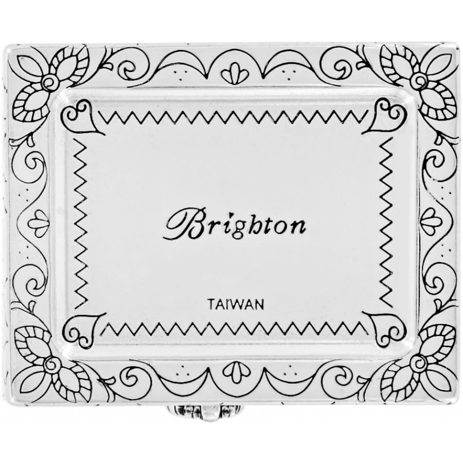 Brighton silver-plated jewelry box with engraved floral scroll border and zigzag frame design on a white background