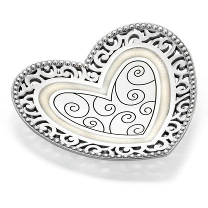 Brighton heart-shaped trinket tray with silver-plated scroll filigree border and swirl engraved center on a white background