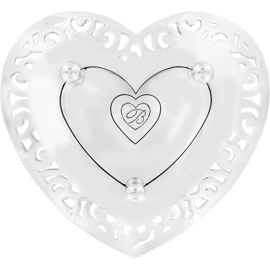 Brighton heart-shaped trinket dish with cutout scroll border and engraved B monogram center on a white background