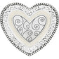 Brighton heart-shaped decorative piece with silver-plated filigree scrollwork and beaded border framing swirl-etched center on a white background