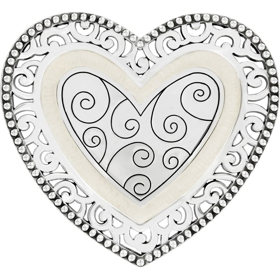 Brighton heart-shaped decorative piece with silver-plated filigree scrollwork and beaded border framing swirl-etched center on a white background