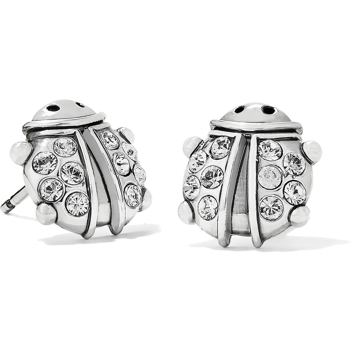 Brighton silver-plated ladybug stud earrings with crystal-embellished wings and polished detailing on a white background