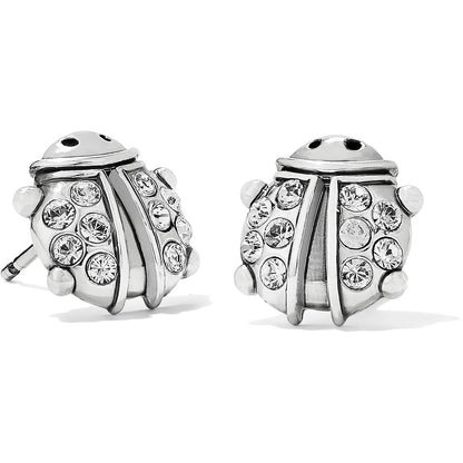 Brighton silver-plated ladybug stud earrings with crystal-embellished wings and polished detailing on a white background
