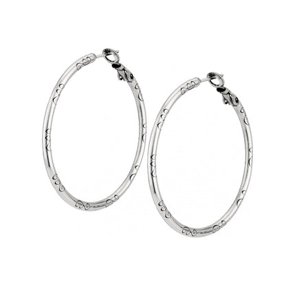 Brighton hoop earrings in silver-tone finish with engraved scroll detailing along the bands on a white background
