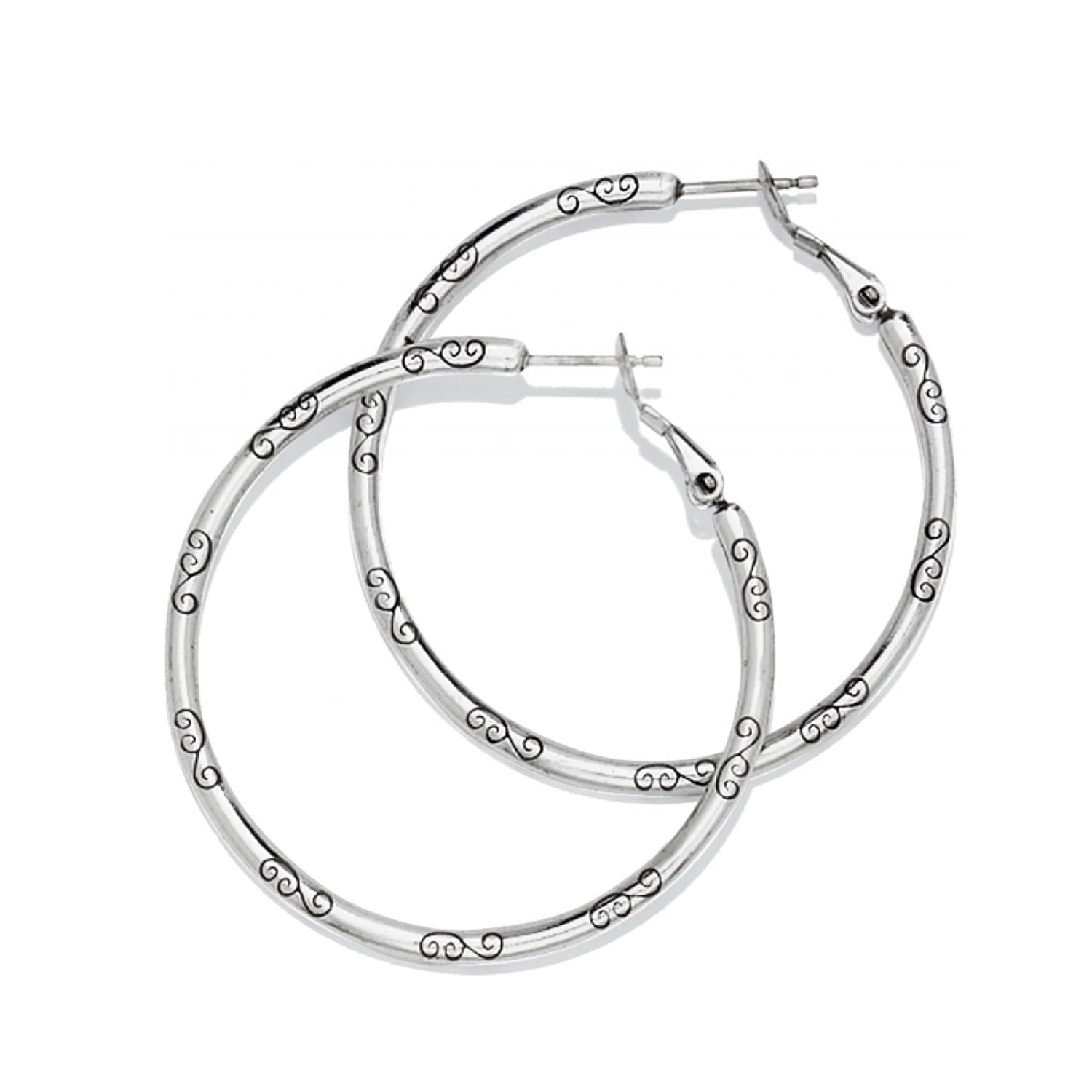 Brighton hoop earrings in silver-tone finish with engraved scroll detailing along the bands on a white background
