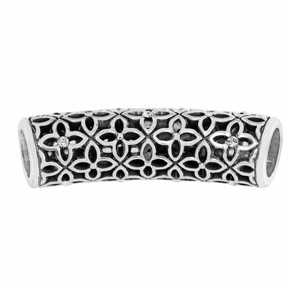 Brighton curved tube bead with silver-plated openwork floral lattice pattern and crystal accents on a white background