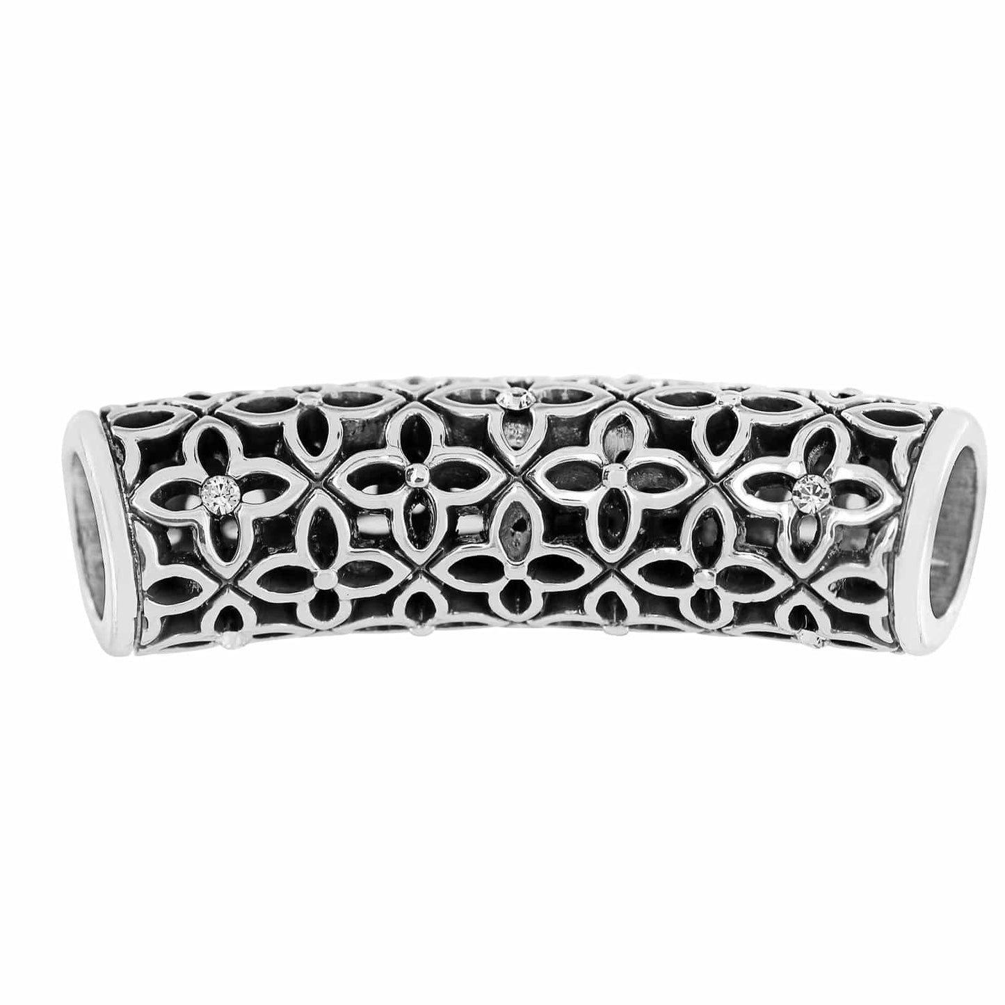 Brighton curved tube bead with silver-plated openwork floral lattice pattern and crystal accents on a white background