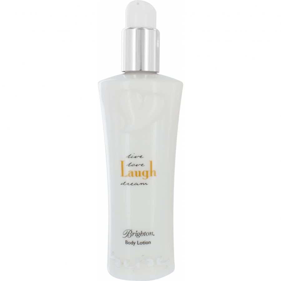 Brighton body lotion in white pump bottle with Live Love Laugh Dream script text on a white background