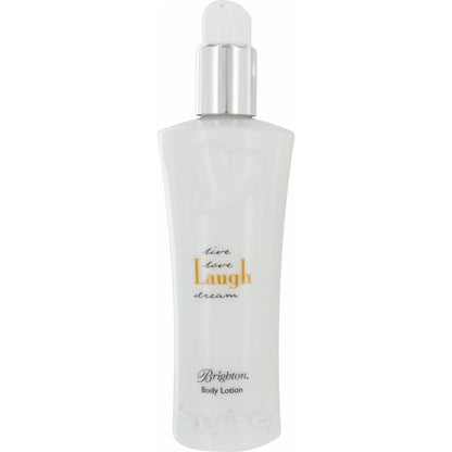 Brighton body lotion in white pump bottle with Live Love Laugh Dream script text on a white background