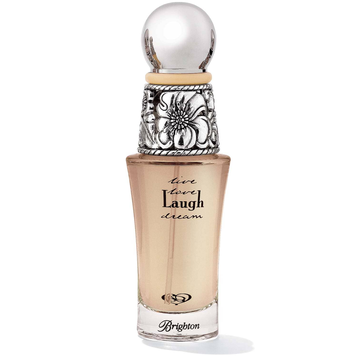 Brighton perfume bottle with silver-tone floral cap and Live Love Laugh Dream script text on a white background