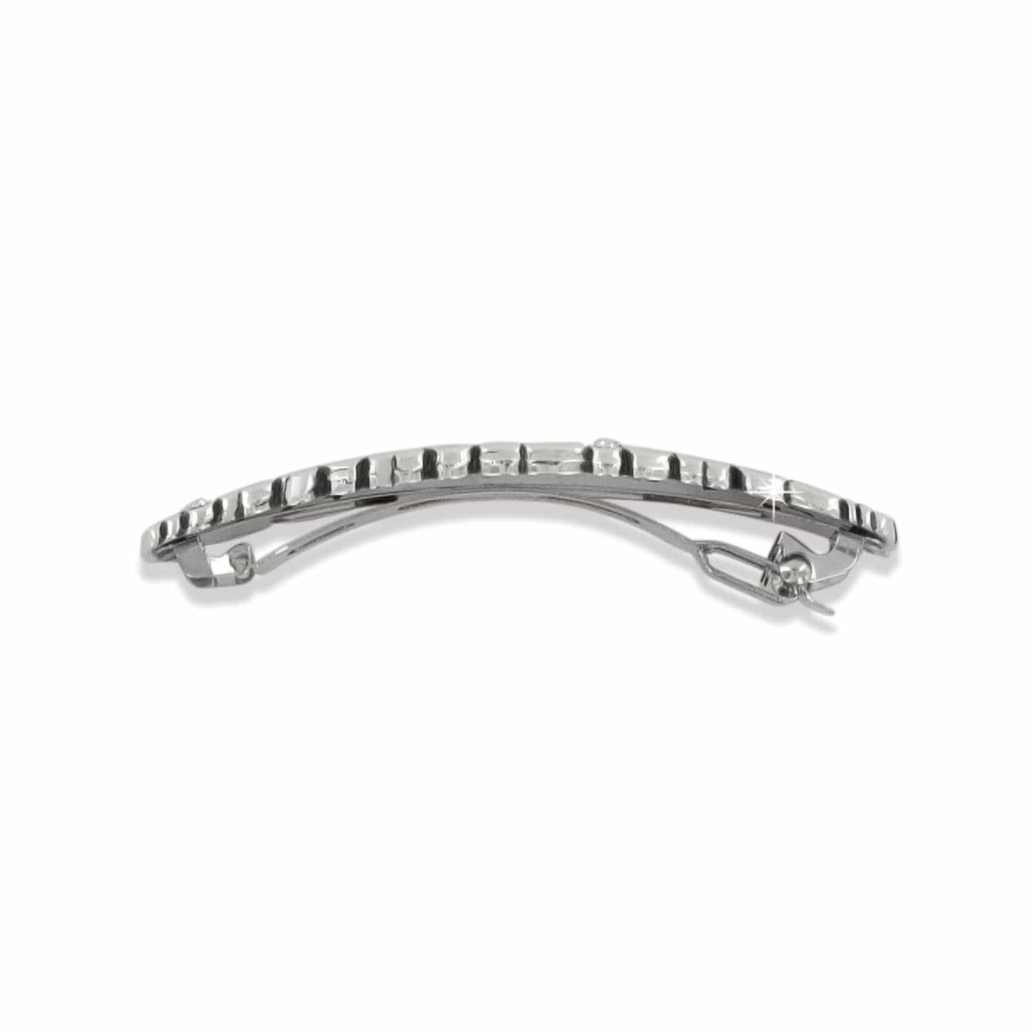 Brighton hair barrette shown from the back with silver-plated finish and clasp mechanism on a white background