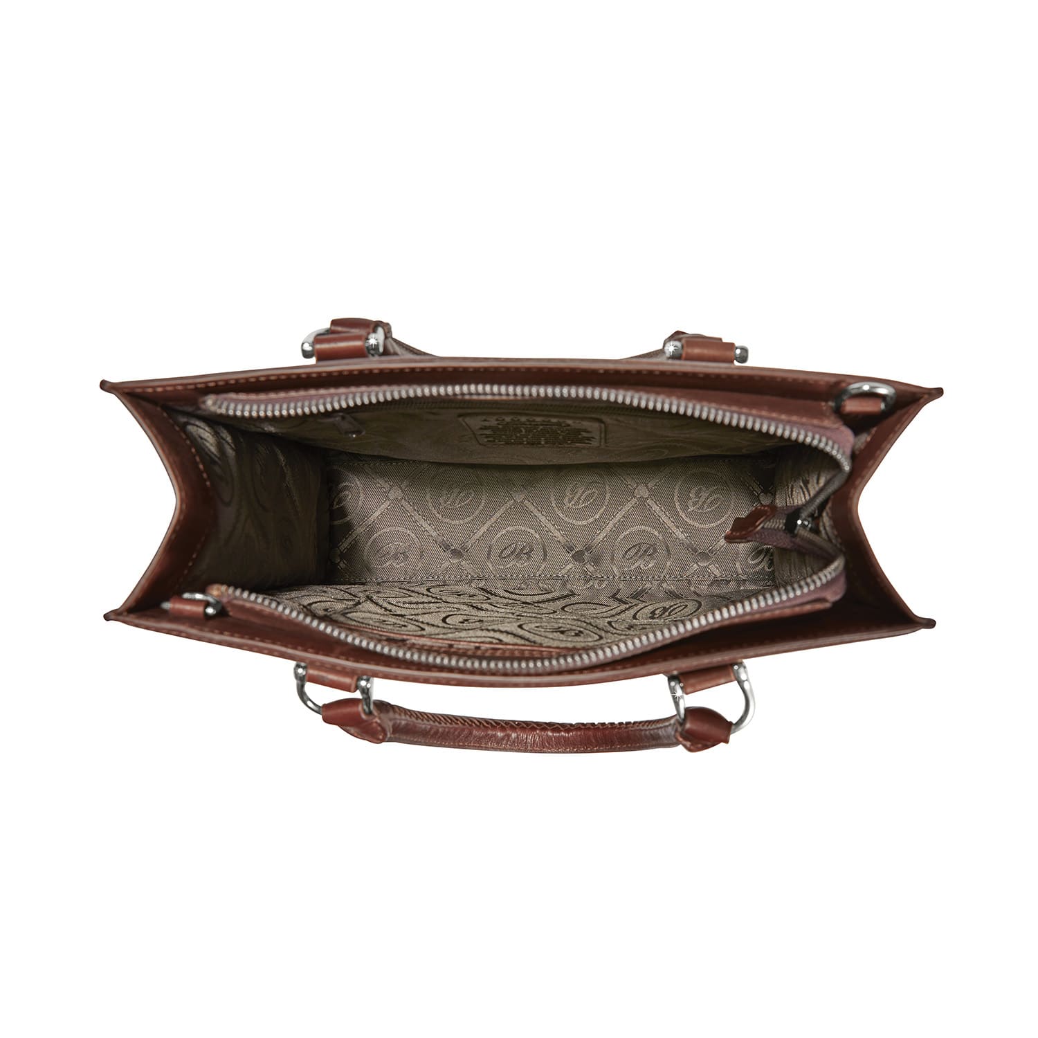 Brighton brown leather handbag interior view showing patterned fabric lining and zippered compartment on a white background
