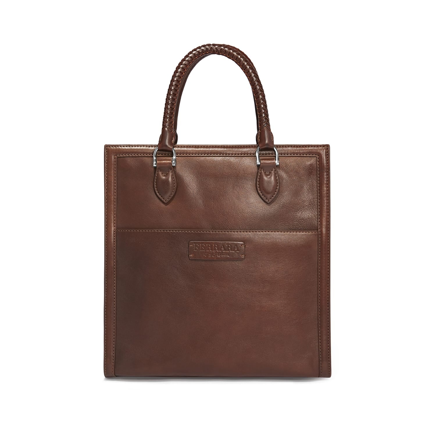 Brighton tote handbag in brown leather with braided top handles and front pocket on a white background
