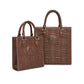 Brighton woven leather handbags in brown with braided handles and embossed medallion emblem on a white background